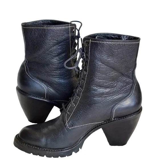 Via Spiga Black‎  Pebbled and Smooth Leather Cone Heeled Combat Boots