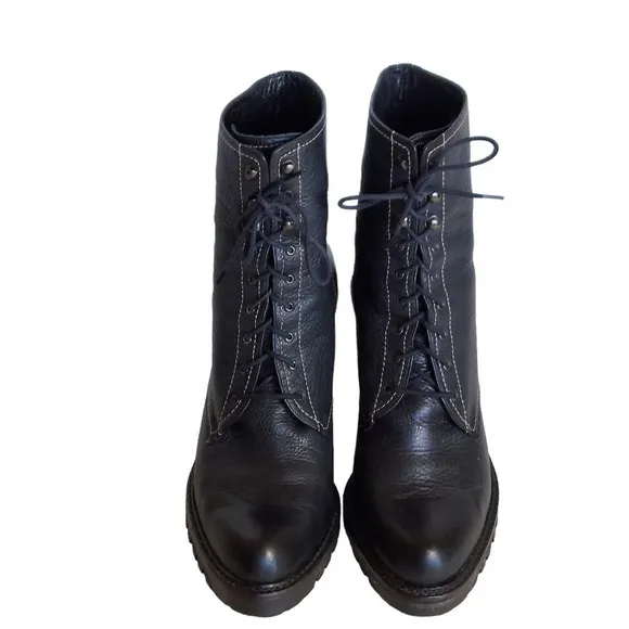 Via Spiga Black‎  Pebbled and Smooth Leather Cone Heeled Combat Boots