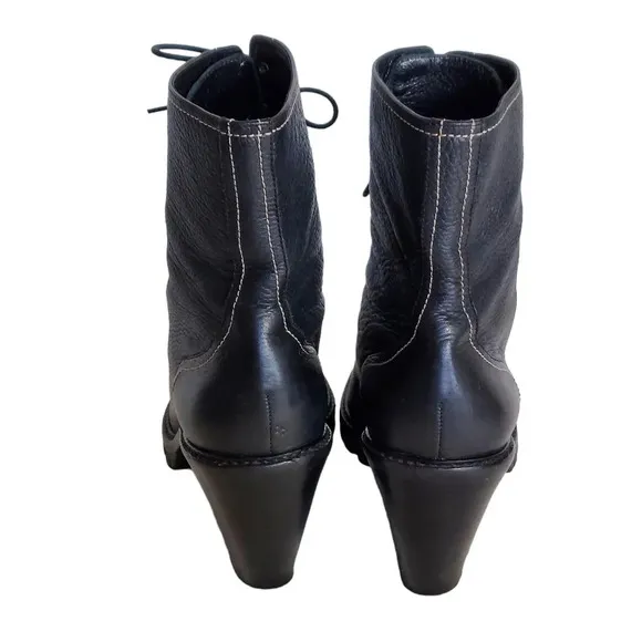 Via Spiga Black‎  Pebbled and Smooth Leather Cone Heeled Combat Boots