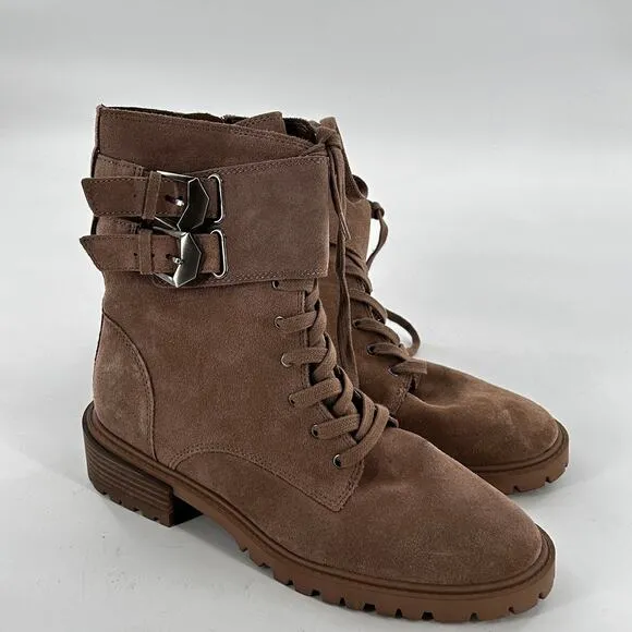 Vince Camuto Fawdry Combat Boots 8 NWOT Tan Suede Lace Up Moto Ankle Booties