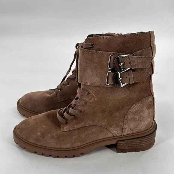 Vince Camuto Fawdry Combat Boots 8 NWOT Tan Suede Lace Up Moto Ankle Booties