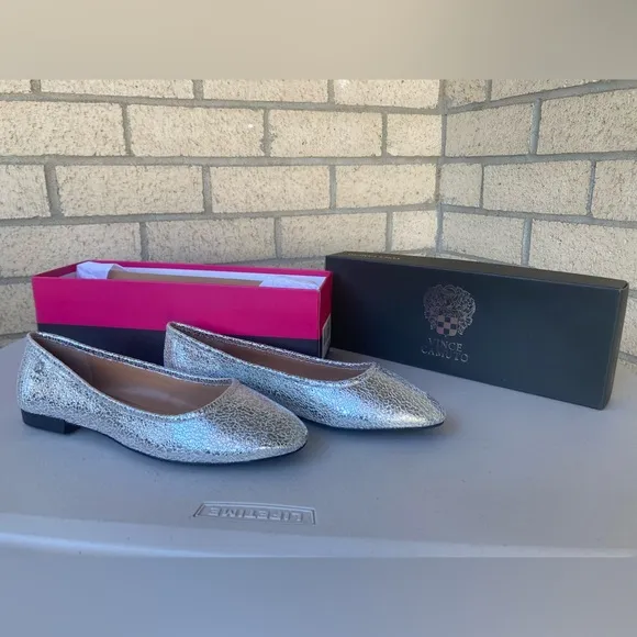 Vince Camuto Silver Metallic Leather Ballerina Flats Minndy Silver Nelly Goat