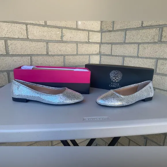 Vince Camuto Silver Metallic Leather Ballerina Flats Minndy Silver Nelly Goat