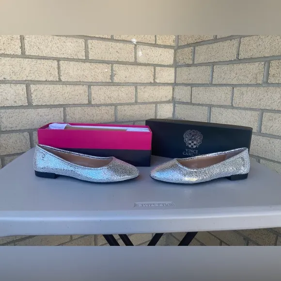 Vince Camuto Silver Metallic Leather Ballerina Flats Minndy Silver Nelly Goat