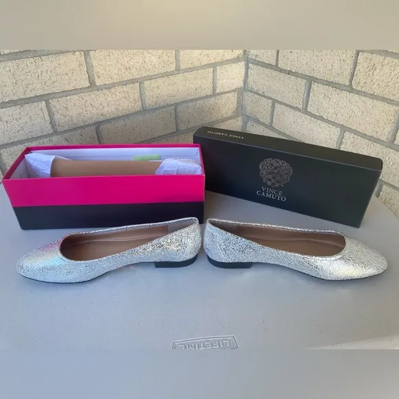 Vince Camuto Silver Metallic Leather Ballerina Flats Minndy Silver Nelly Goat