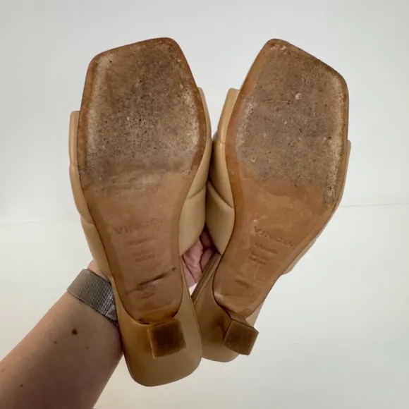 Vince Ceil Puffy Quilted Kitten Heels Open Toe Cappuccino Tan Leather 8.5 $295