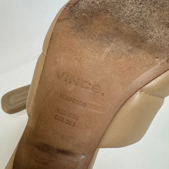 Vince Ceil Puffy Quilted Kitten Heels Open Toe Cappuccino Tan Leather 8.5 $295