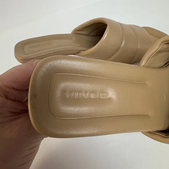 Vince Ceil Puffy Quilted Kitten Heels Open Toe Cappuccino Tan Leather 8.5 $295