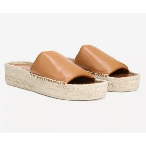 Vince Cognac Brown Jesse Leather Slip-On Platform Slide Espadrille Sandals