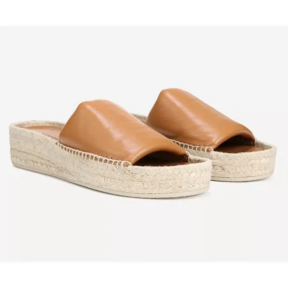 Vince Cognac Brown Jesse Leather Slip-On Platform Slide Espadrille Sandals