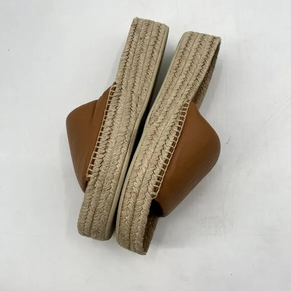 Vince Cognac Brown Jesse Leather Slip-On Platform Slide Espadrille Sandals