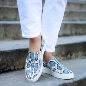 Vince Saxon Snakeskin Embossed Leather Platform Sneakers in Gray Blue