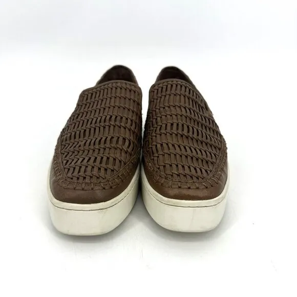Vince Stafford Woven Leather Almond Toe Platform Slip-On Sneakers Brown Tan 8