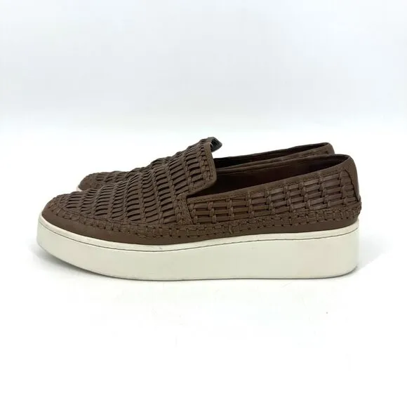 Vince Stafford Woven Leather Almond Toe Platform Slip-On Sneakers Brown Tan 8