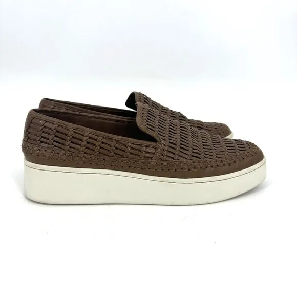 Vince Stafford Woven Leather Almond Toe Platform Slip-On Sneakers Brown Tan 8