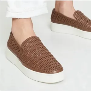 Vince Stafford Woven Leather Almond Toe Platform Slip-On Sneakers Brown Tan 8