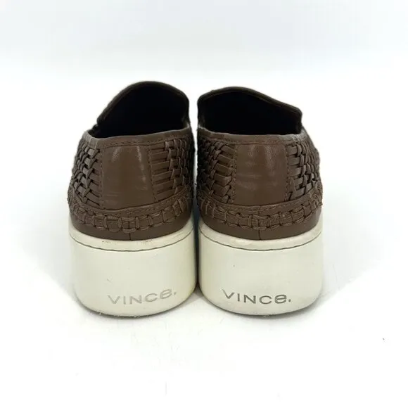 Vince Stafford Woven Leather Almond Toe Platform Slip-On Sneakers Brown Tan 8