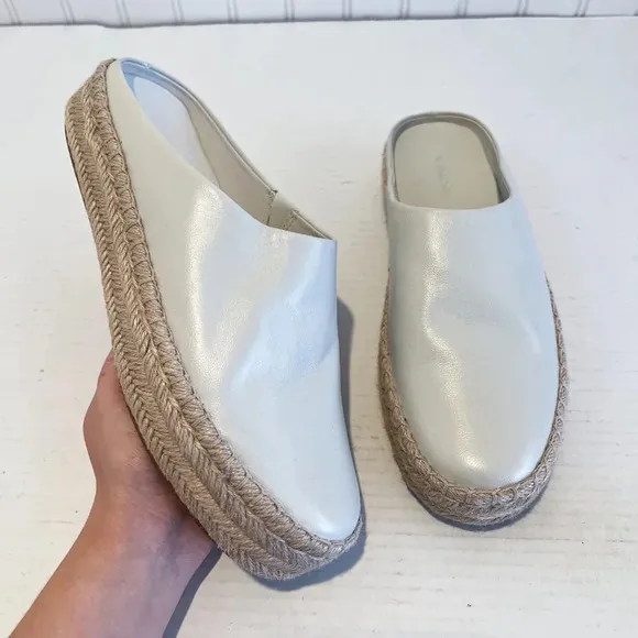 Vince Ulla Cream Slip On Backless Woven Sole Designer Leather Loafers Mules 39