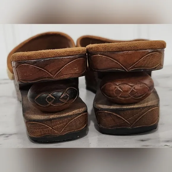 Vintage 90s Y2K Cha Cha carved wood wedge sandals women's size 7
