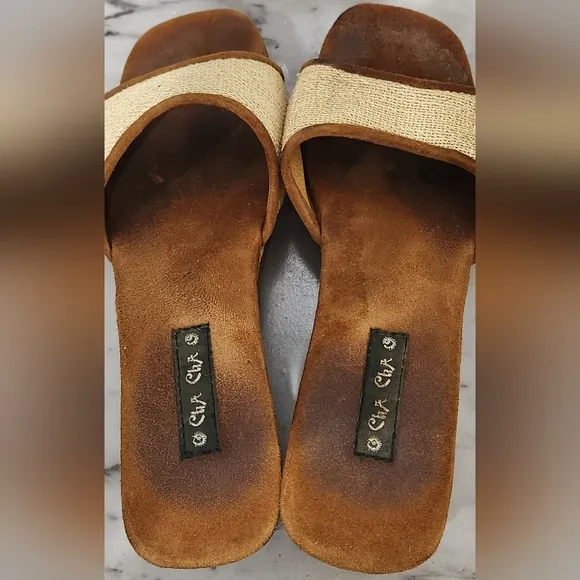 Vintage 90s Y2K Cha Cha carved wood wedge sandals women's size 7