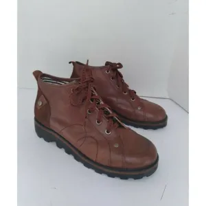 Vintage Brown Leather Ankle Boots with Chunky Lug Sole Platform‎ Combat Style