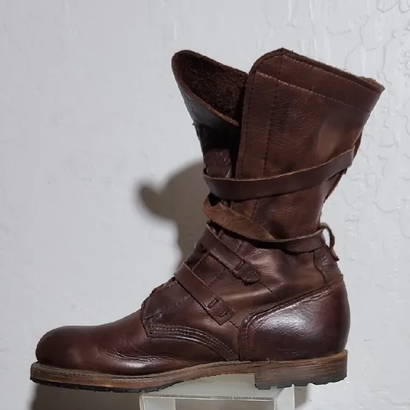 VINTAGE Brown Leather Strap Buckle Combat Boots 10M