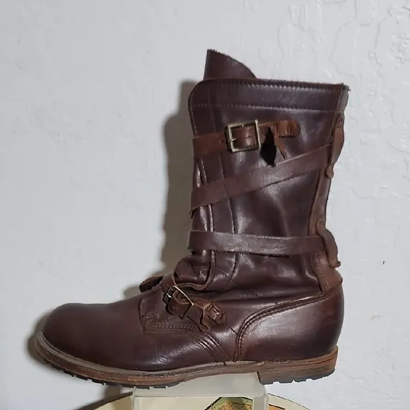 VINTAGE Brown Leather Strap Buckle Combat Boots 10M