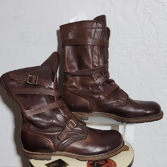 VINTAGE Brown Leather Strap Buckle Combat Boots 10M