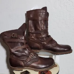 VINTAGE Brown Leather Strap Buckle Combat Boots 10M