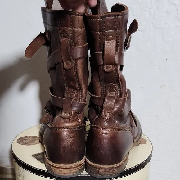 VINTAGE Brown Leather Strap Buckle Combat Boots 10M