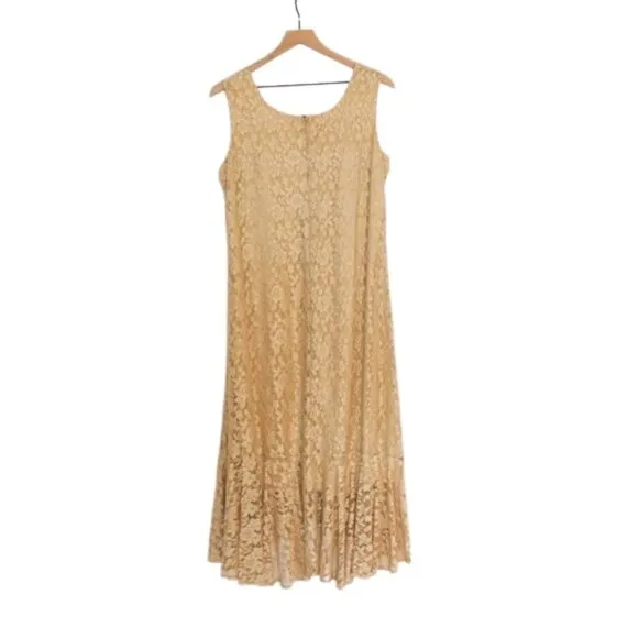 Vintage Flapper Style Scoop Neck Beige Lace Overlay Midi Tank Dress 14
