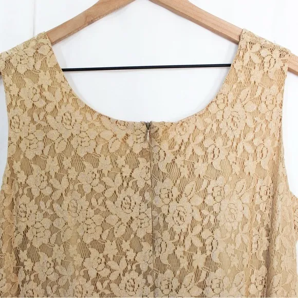 Vintage Flapper Style Scoop Neck Beige Lace Overlay Midi Tank Dress 14