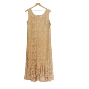 Vintage Flapper Style Scoop Neck Beige Lace Overlay Midi Tank Dress 14