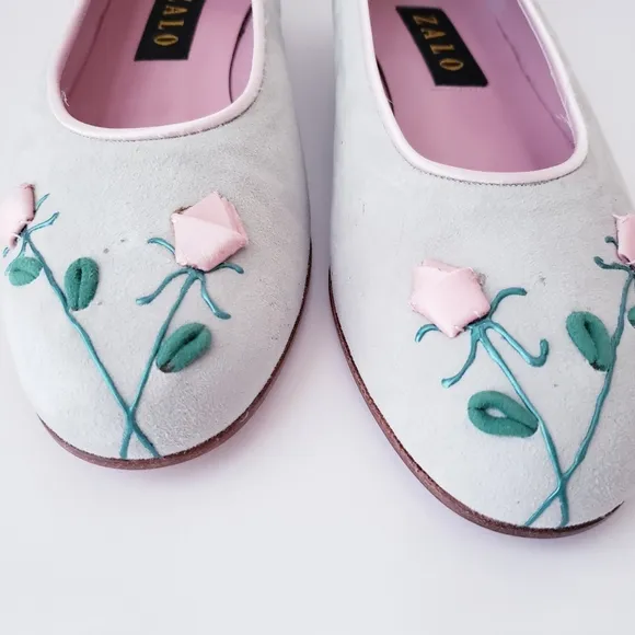 Vintage Zalo Mint Green and Pink Rose Bud Leather Flats