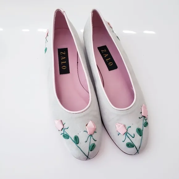 Vintage Zalo Mint Green and Pink Rose Bud Leather Flats