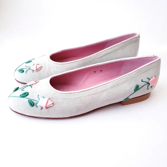 Vintage Zalo Mint Green and Pink Rose Bud Leather Flats