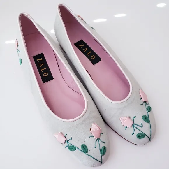Vintage Zalo Mint Green and Pink Rose Bud Leather Flats