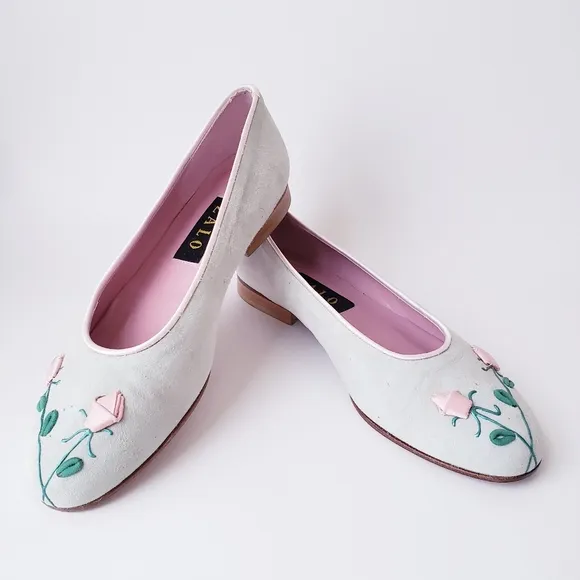 Vintage Zalo Mint Green and Pink Rose Bud Leather Flats