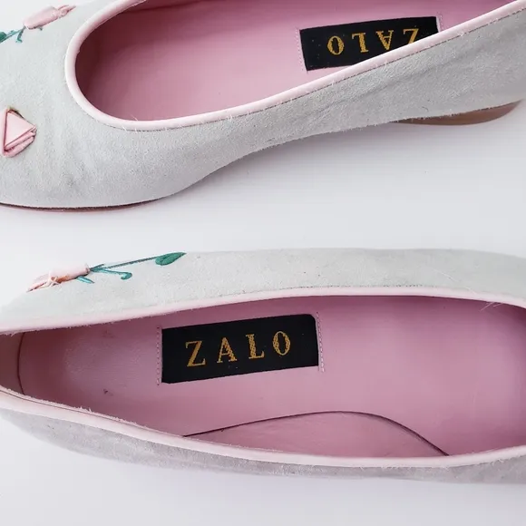 Vintage Zalo Mint Green and Pink Rose Bud Leather Flats