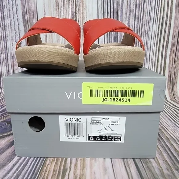 Vionic Hayden Red Leather Platform Slide Sandals