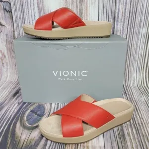 Vionic Hayden Red Leather Platform Slide Sandals