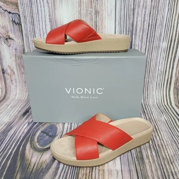 Vionic Hayden Red Leather Platform Slide Sandals