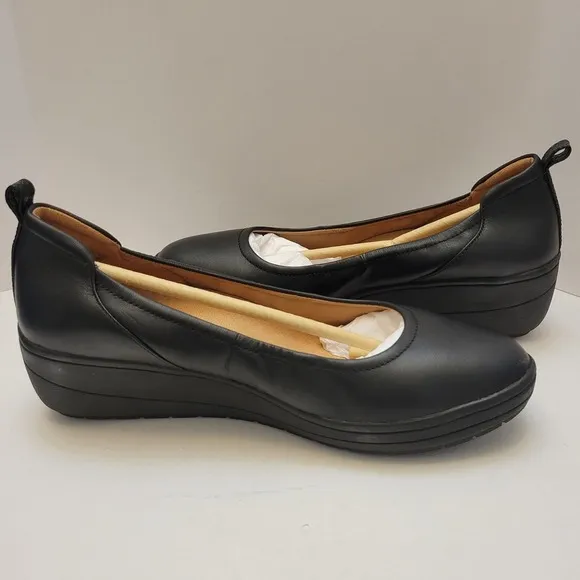 Vionic Jacey Flats Women's Black Leather Slip On Wedge Shoes Sz 8.5 NIB Fashion