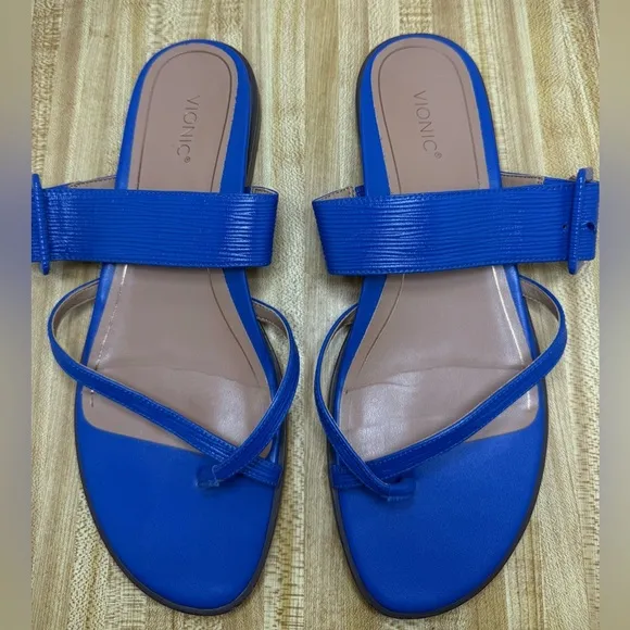 Vionic Julep Blue Leather Slip On Buckle Detail Sandals Sz 12