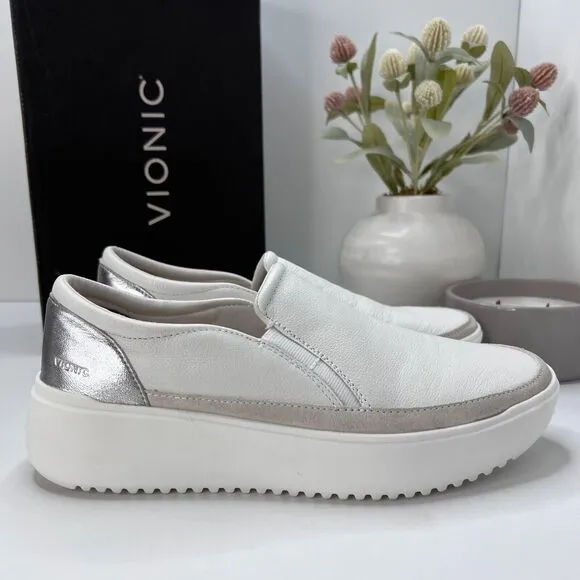 Vionic Kearny Platform Slip On Leather Sneakers White 18680L1100 Women's 9 Wide