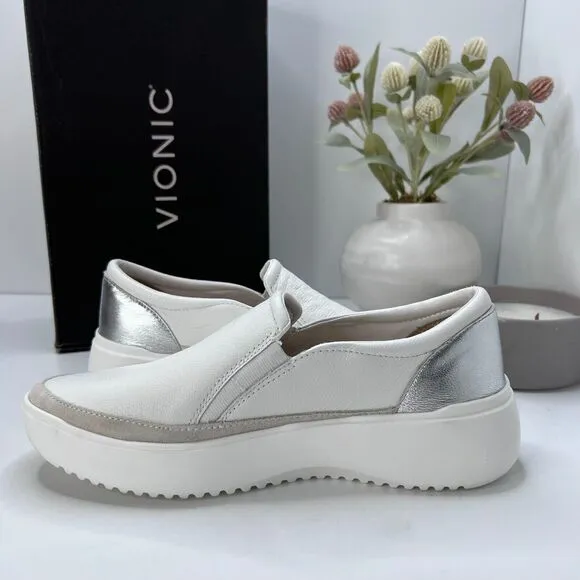 Vionic Kearny Platform Slip On Leather Sneakers White 18680L1100 Women's 9 Wide