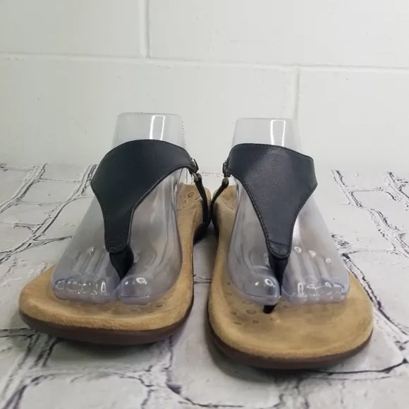 Vionic Kirra black leather thong ankle strap sandals