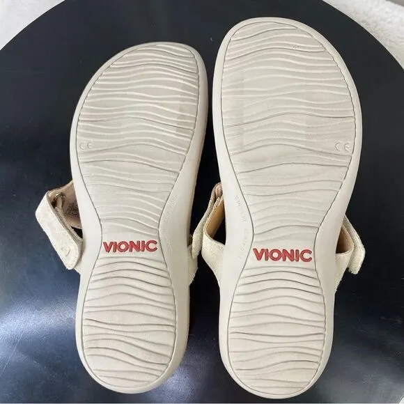 Vionic Wanda Leather T-strap Thing Sandals Beige 7 Bone Snake Embossed
