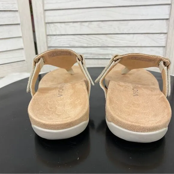 Vionic Wanda Leather T-strap Thing Sandals Beige 7 Bone Snake Embossed
