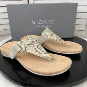 Vionic Wanda Leather T-strap Thing Sandals Beige 7 Bone Snake Embossed